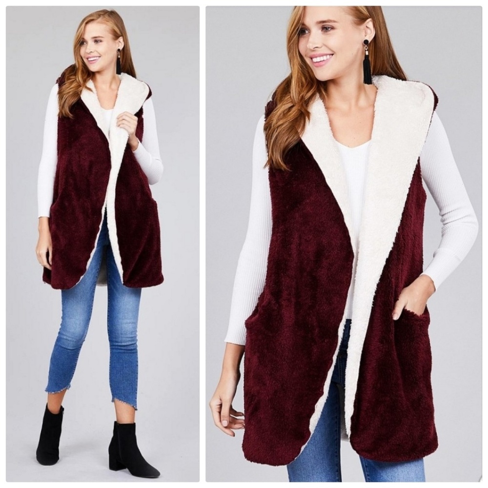 Burgundy Faux Fur Fluffy Hoodie Vest